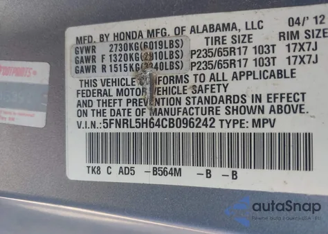 2012 Honda Odyssey Ex-L z USA, uszkodzony, nr VIN 5FNRL5H64CB096242